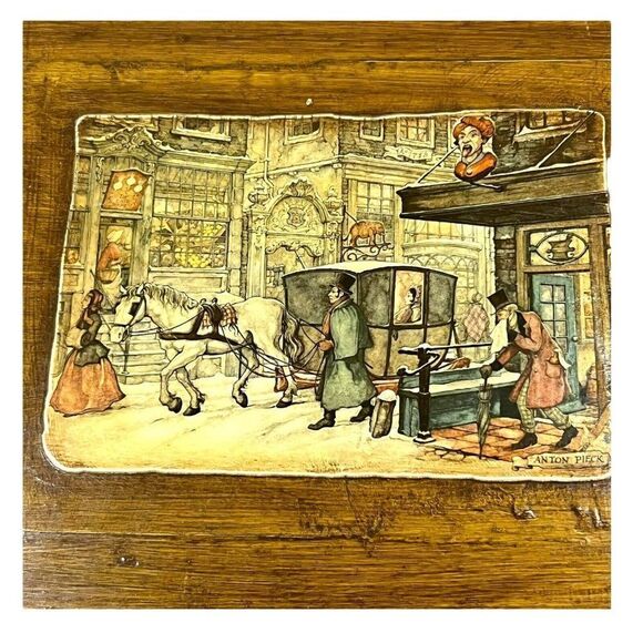 Anton Pieck Print Wooden Plaque Horse Drawn Carriage Market Shop Scene Antique - Picture 2 of 5